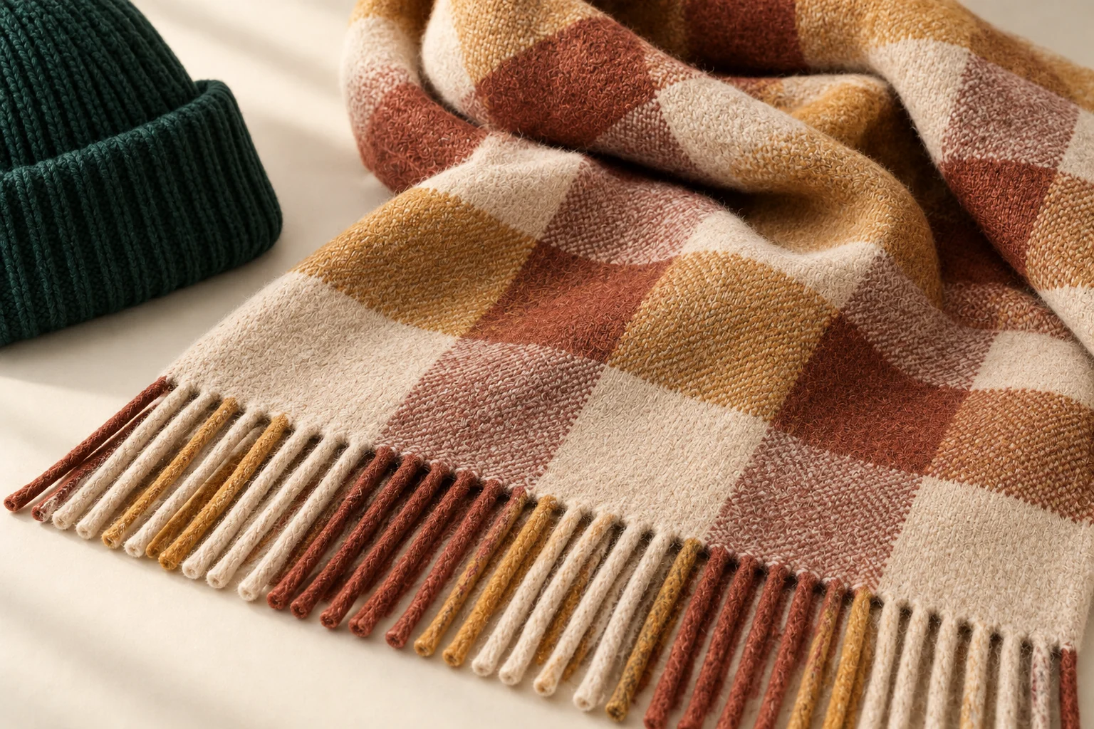 AI concept close-up of the checked scarf surface and short fringe alongside a forest ribbed knit edge