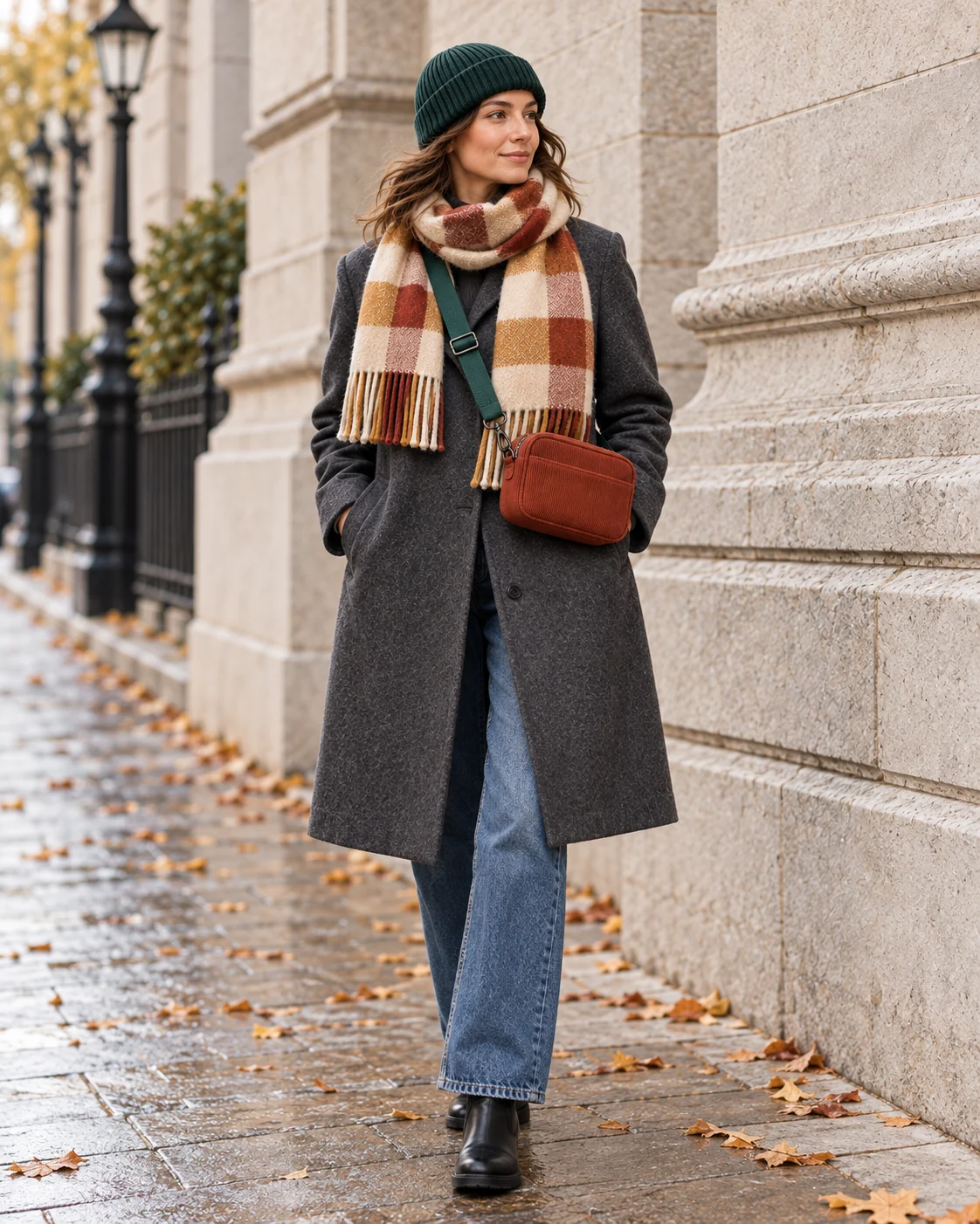 AI design concept of an adult woman wearing a forest rib beanie, a warm checked scarf and a russet crossbody bag with a dark winter coat
