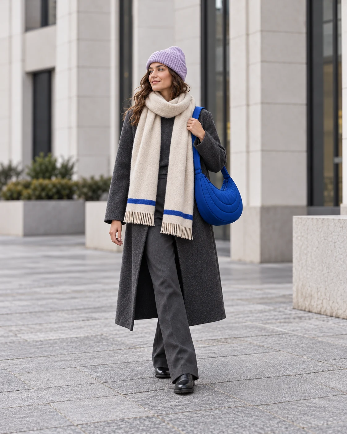 AI design concept of an adult woman wearing a lilac rib beanie and light stone scarf with a blue padded crescent bag