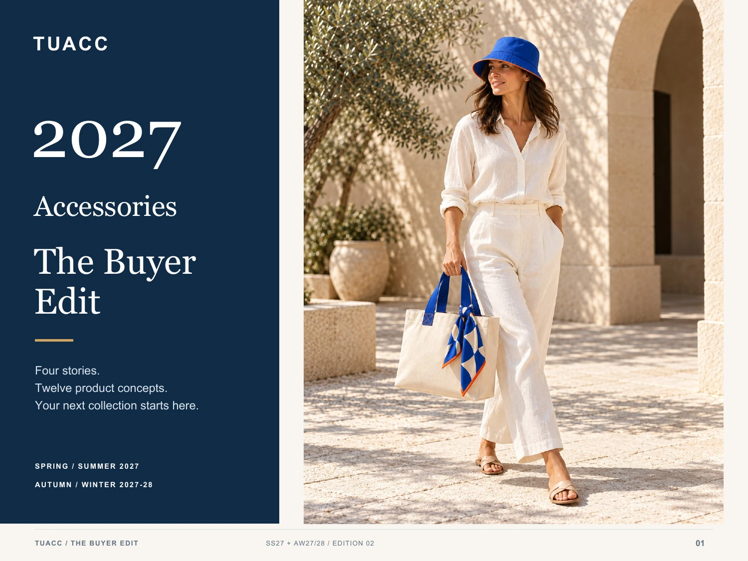 TUACC 2027 Buyer Edit with coordinated blue headwear and canvas-look tote design concepts