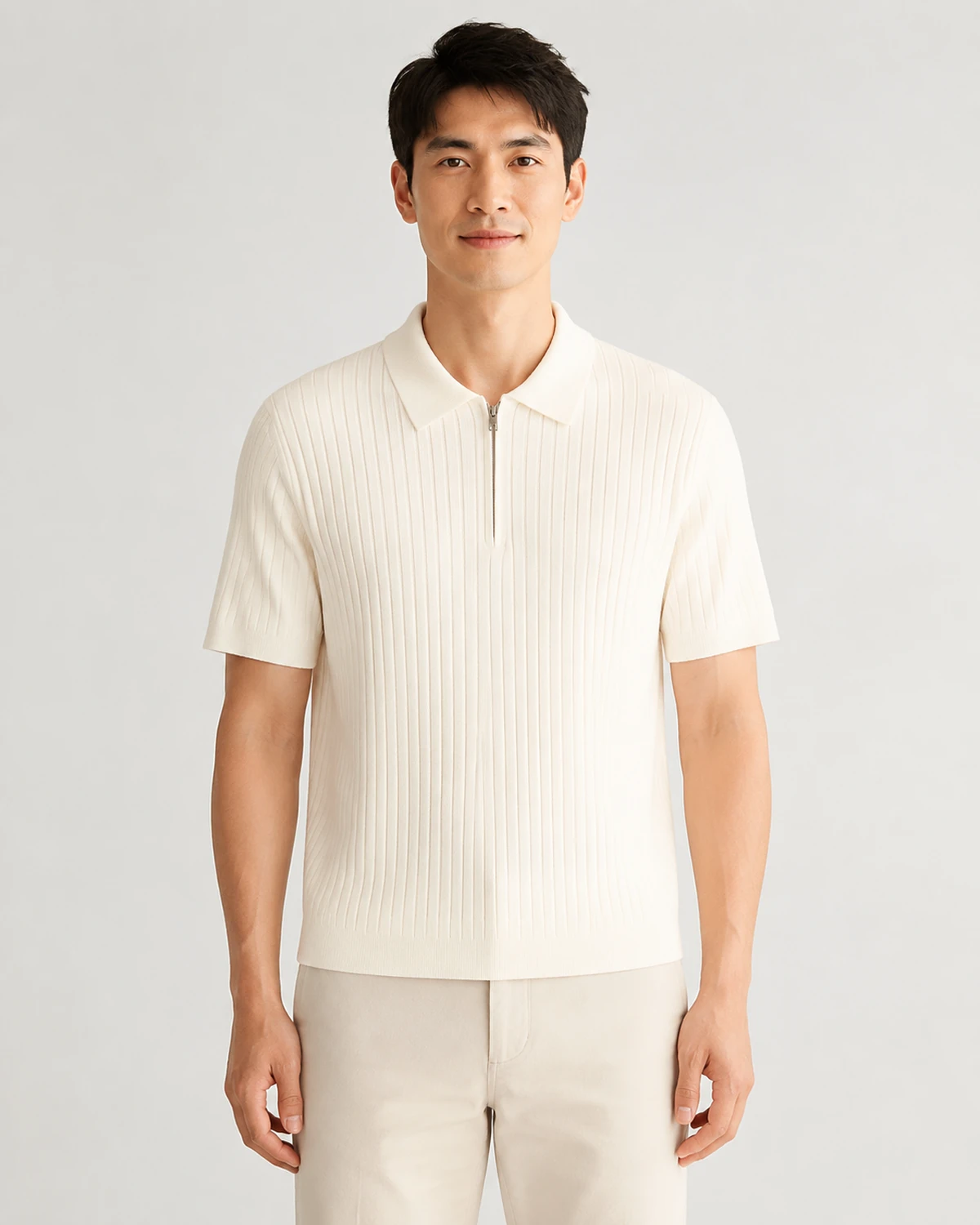 Zip-Collar Short-Sleeve Sweater