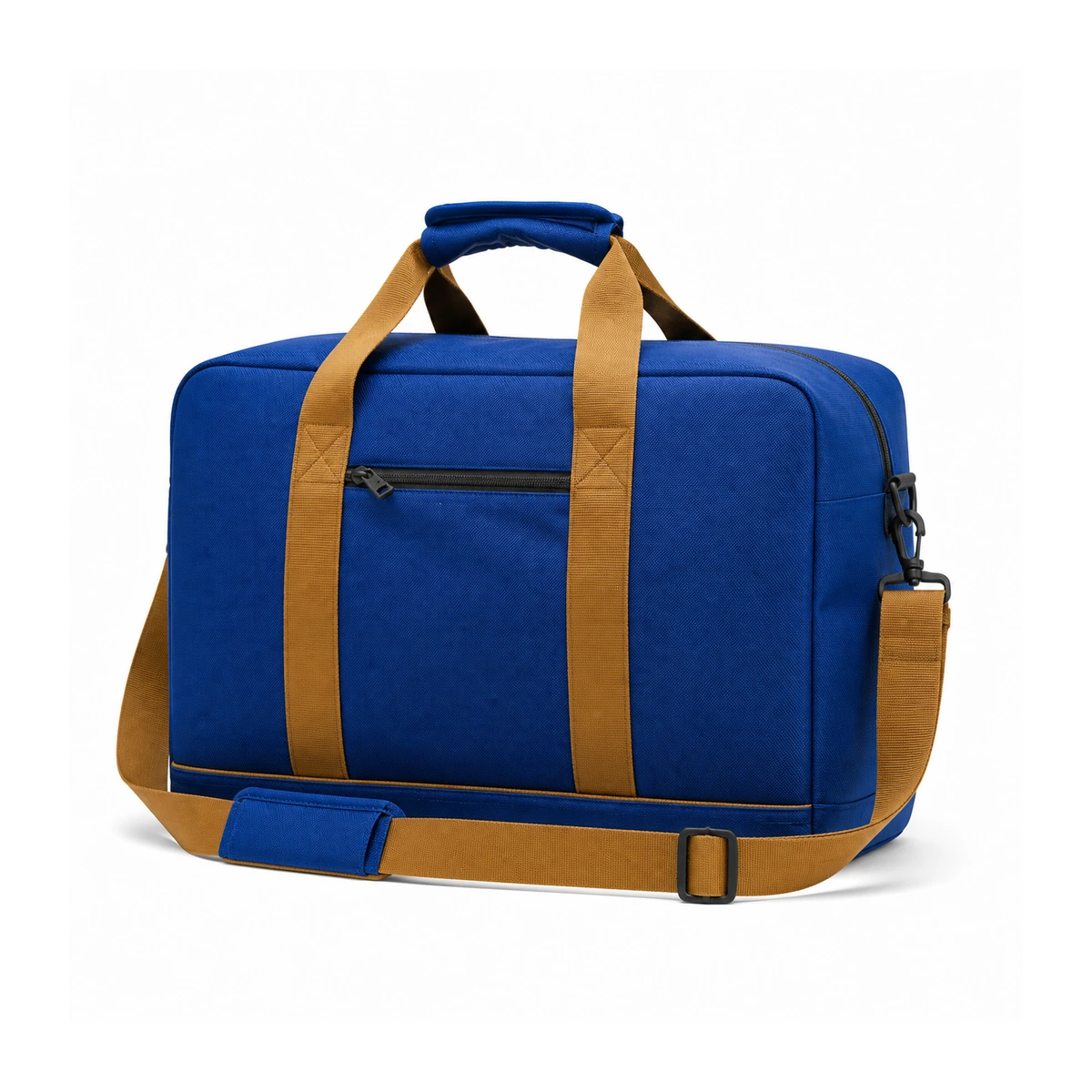 Rejseduffel i koboltblå og camelbeige