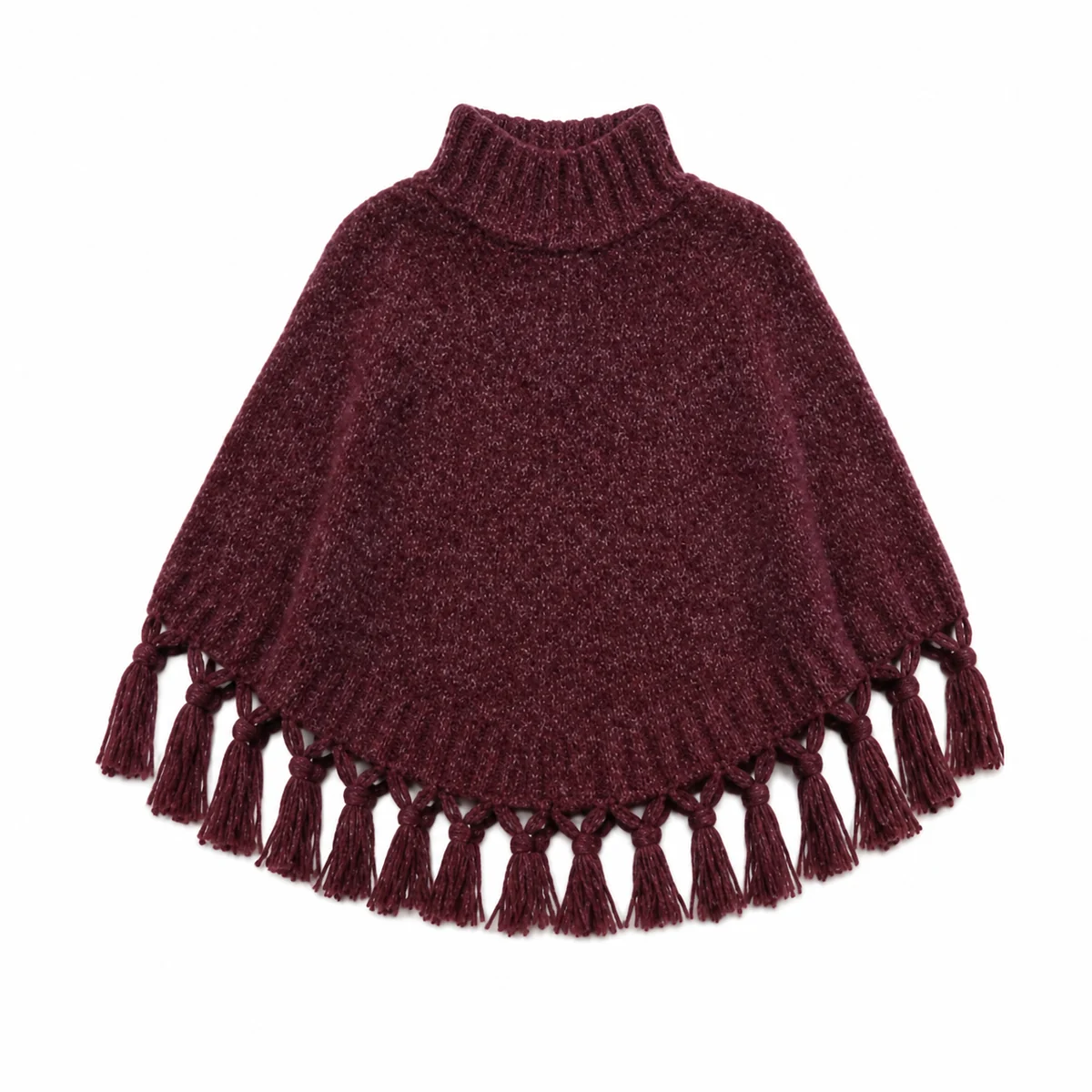 Bordeauxfarvet poncho med frynser