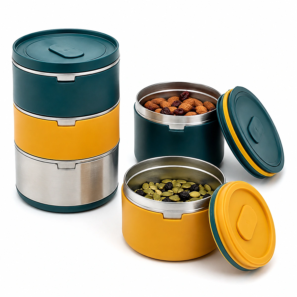 Set stapelbarer Edelstahlbehälter für Snacks unterwegs