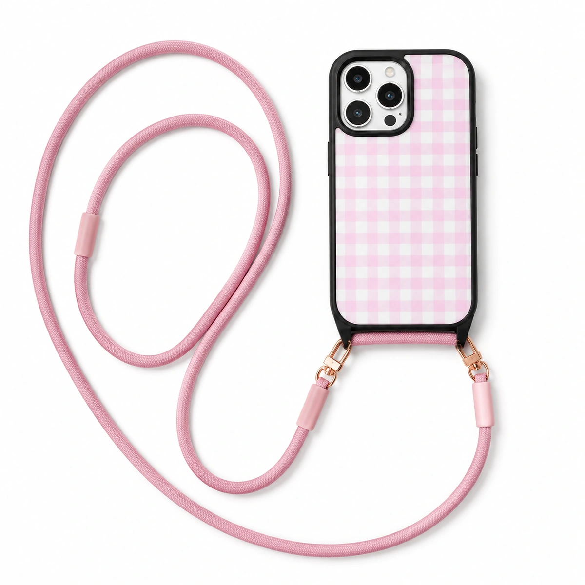 Różowe etui na telefon z paskiem ze sznurka w kratkę gingham